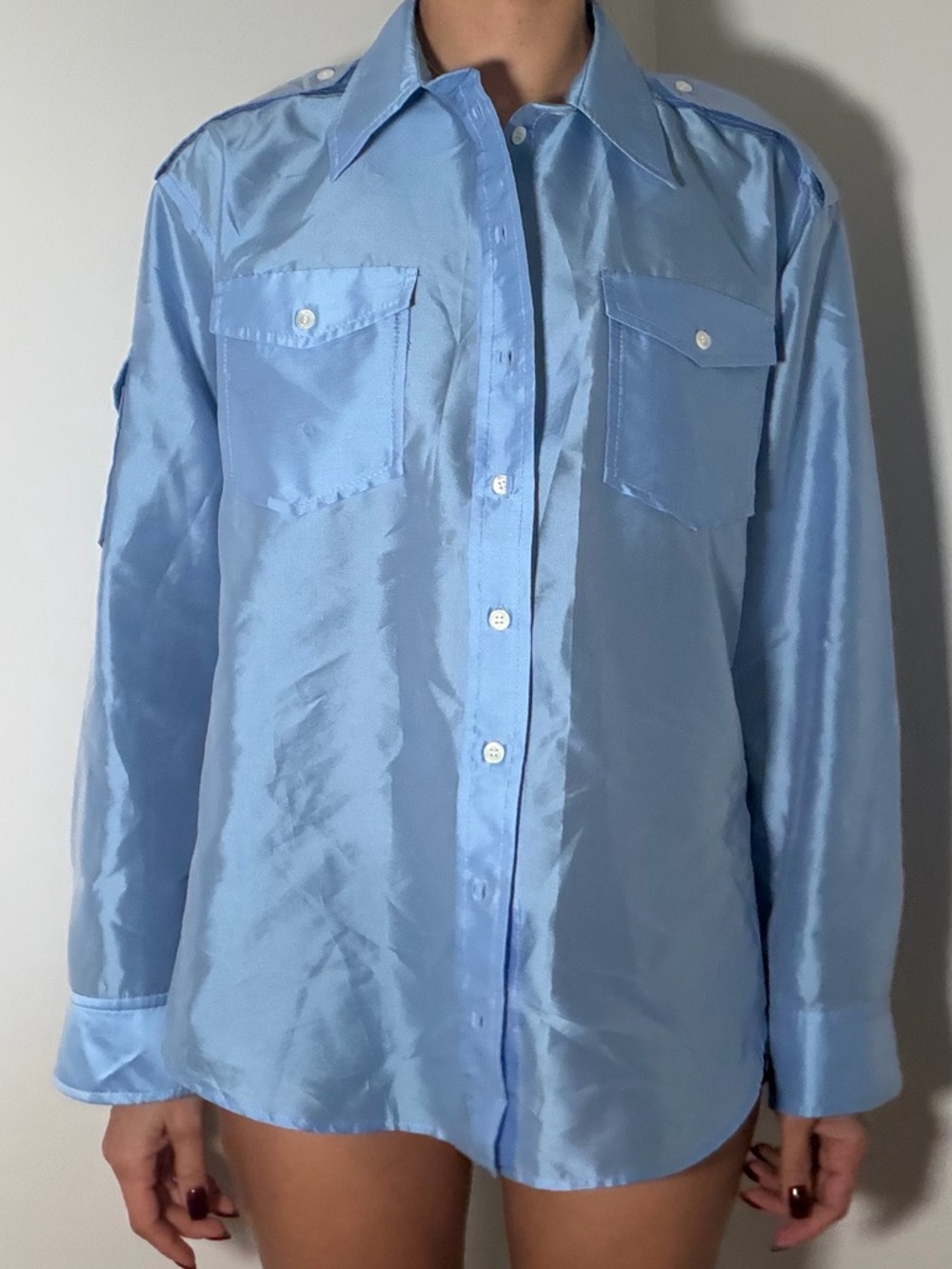 Sandro Light Blue Satin Button-Front Shirt